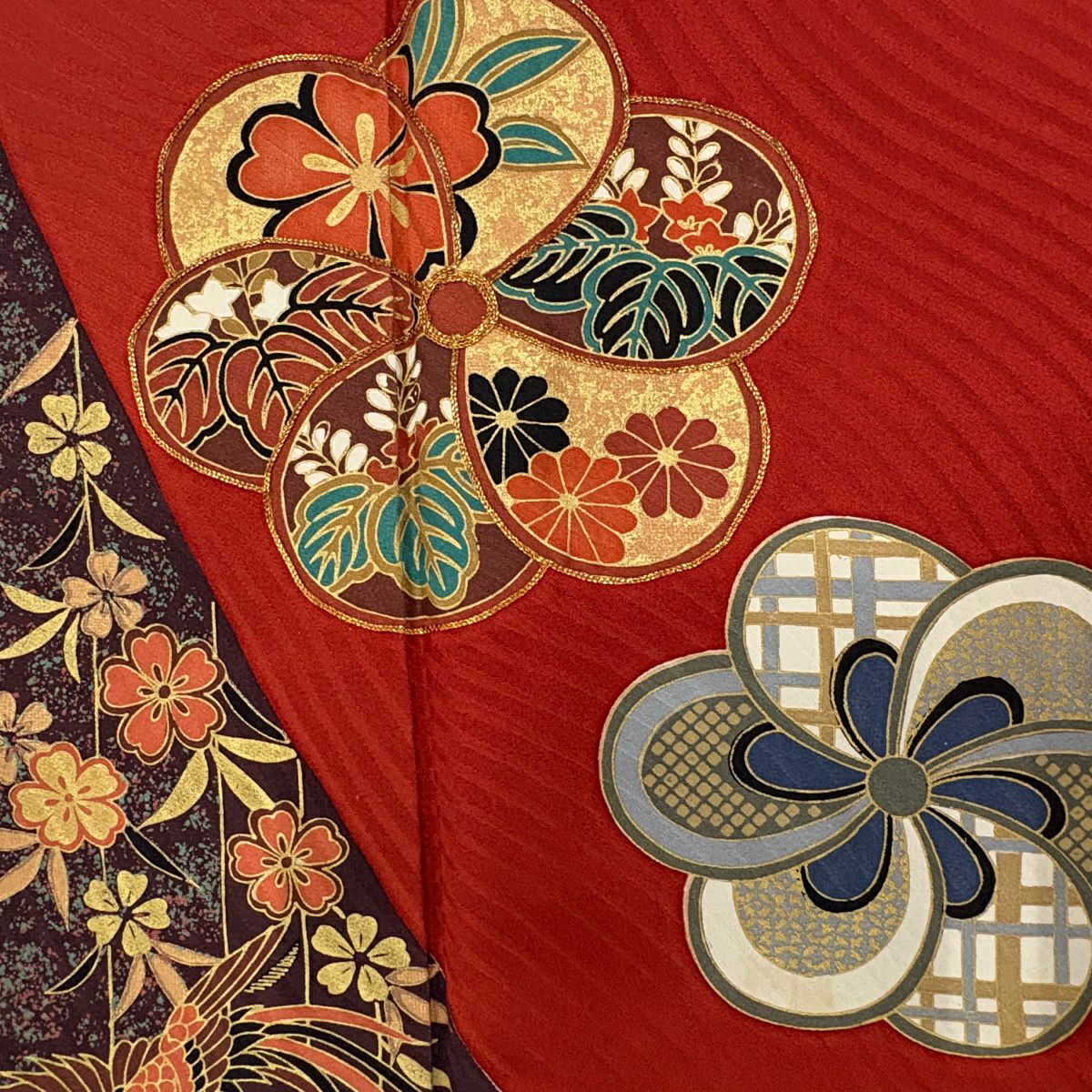 振袖禮服 身長167.5cm 袖長67.5cm L 雙層 捻梅花 枝垂櫻 金絲 金銀彩 茜 純蠶絲 名品級