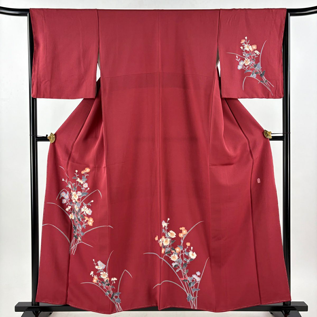 【美品】 付下 身長159.5cm 袖長66cm M 雙層 南克治 落款 草花紋 紅紫 純蠶絲 名品級