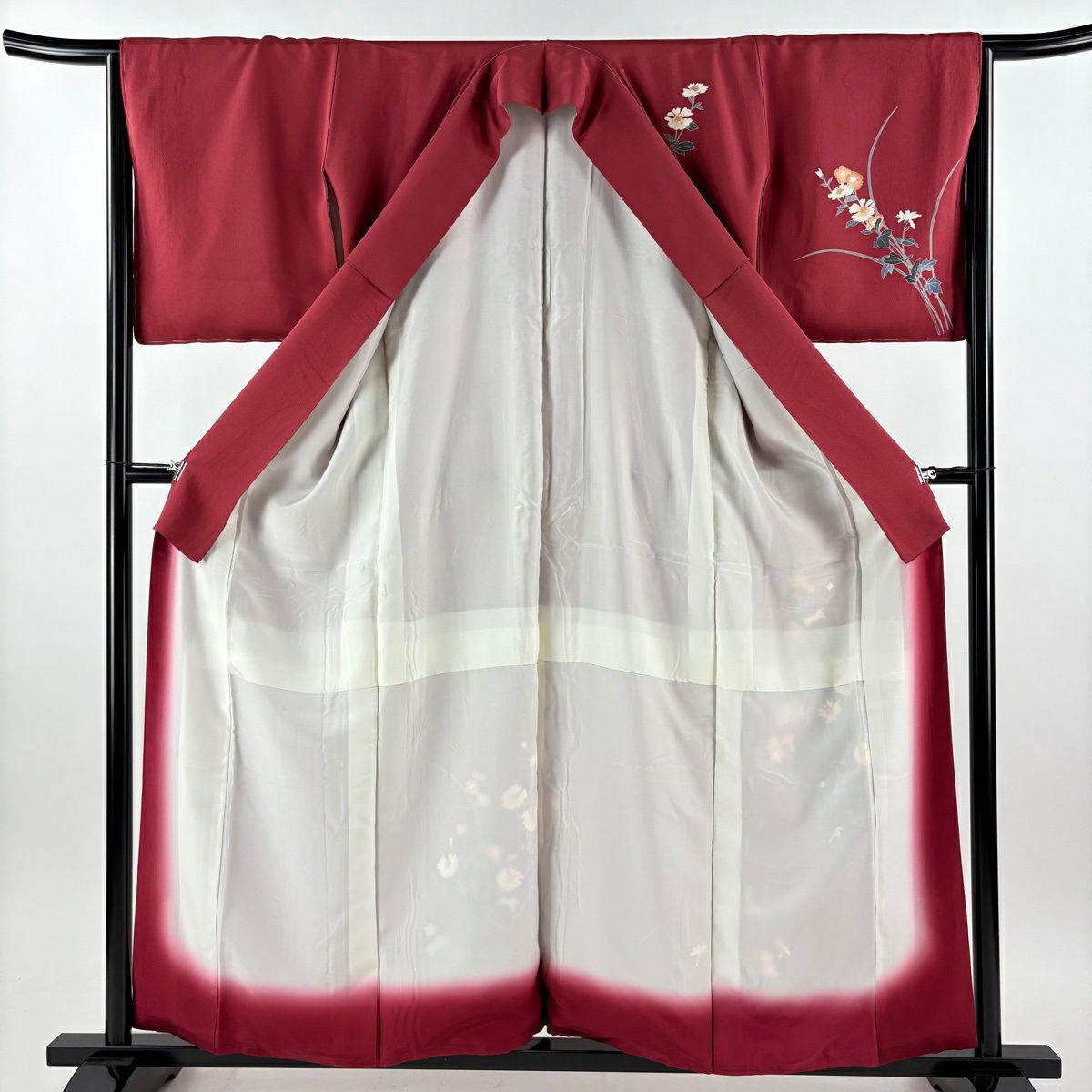 【美品】 付下 身長159.5cm 袖長66cm M 雙層 南克治 落款 草花紋 紅紫 純蠶絲 名品級