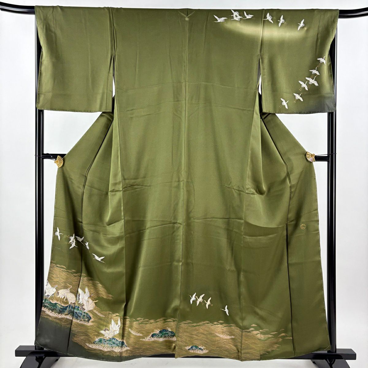 【美品】訪問服 身長160cm 袖長67.5cm L 雙層 TOKI志すい 有落款 仙鶴 波 金銀彩 漸層 茶綠 純蠶絲 名品級 一つ紋