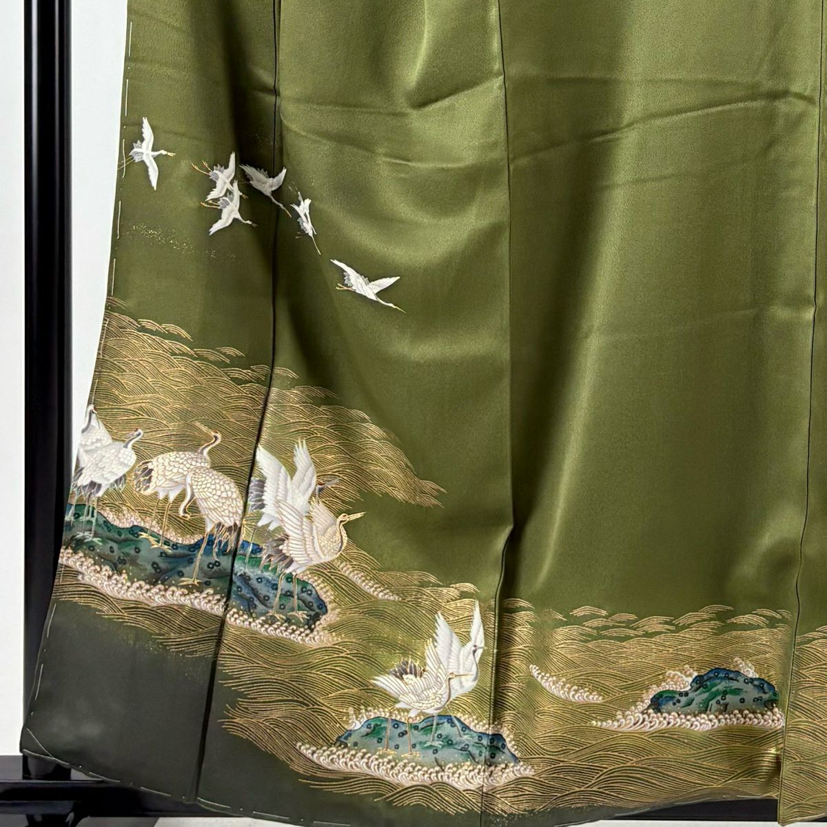 【美品】訪問服 身長160cm 袖長67.5cm L 雙層 TOKI志すい 有落款 仙鶴 波 金銀彩 漸層 茶綠 純蠶絲 名品級 一つ紋