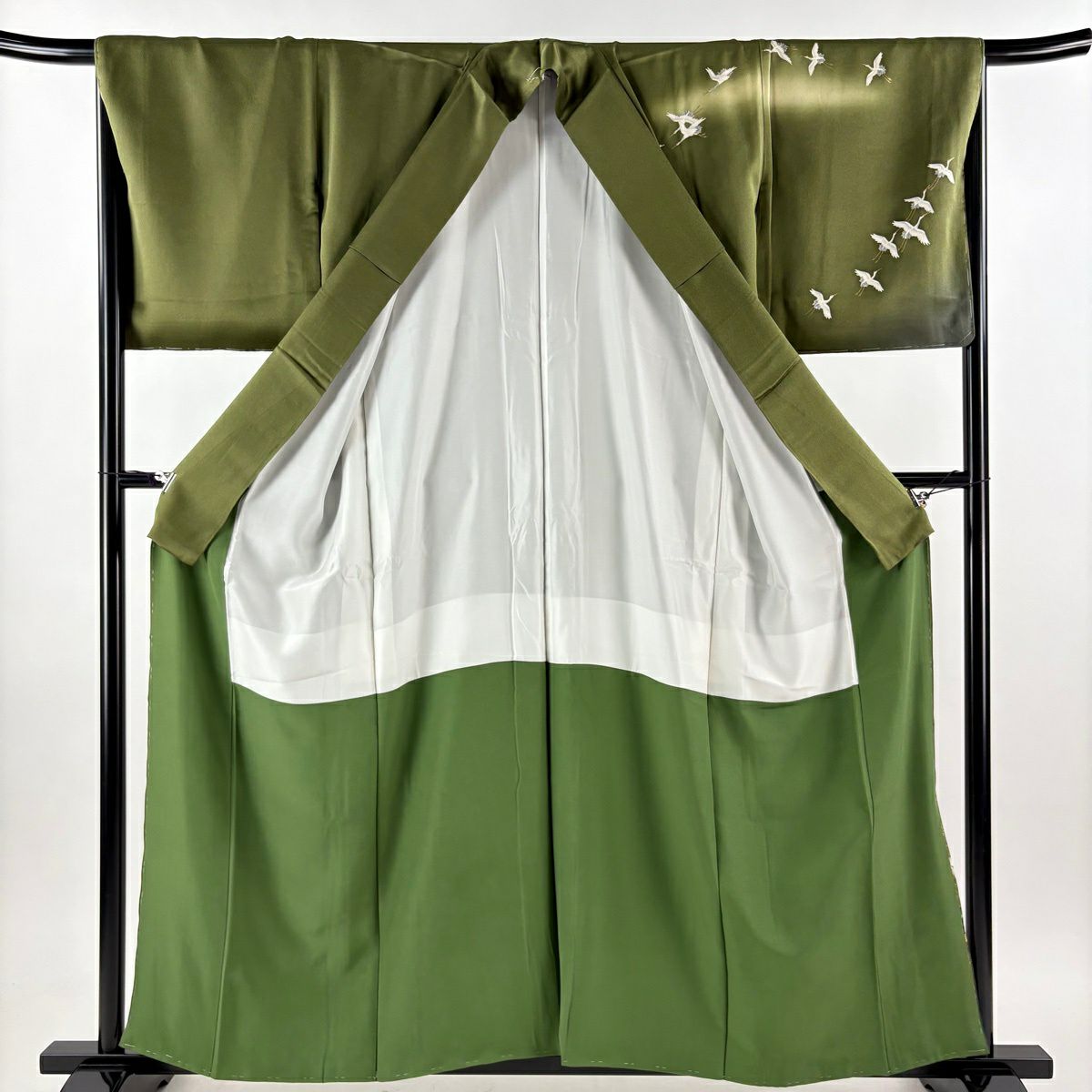 【美品】訪問服 身長160cm 袖長67.5cm L 雙層 TOKI志すい 有落款 仙鶴 波 金銀彩 漸層 茶綠 純蠶絲 名品級 一つ紋