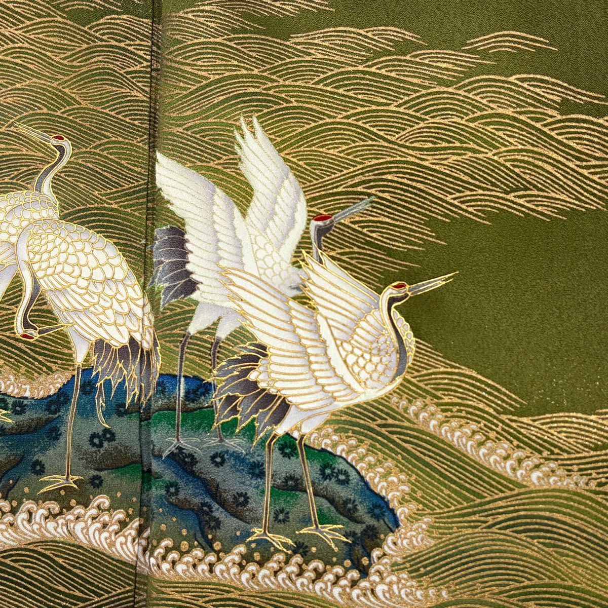 【美品】訪問服 身長160cm 袖長67.5cm L 雙層 TOKI志すい 有落款 仙鶴 波 金銀彩 漸層 茶綠 純蠶絲 名品級 一つ紋