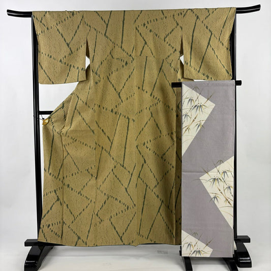 【美品】 小紋 身長161cm 袖長66cm M 雙層 袋帶套裝 幾何學 絞染 黃土 純蠶絲 秀品級