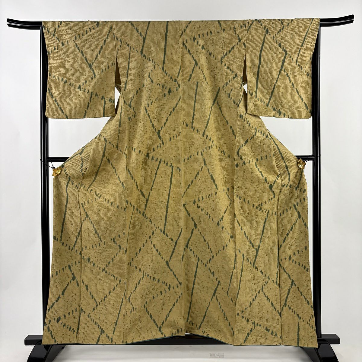 【美品】 小紋 身長161cm 袖長66cm M 雙層 袋帶套裝 幾何學 絞染 黃土 純蠶絲 秀品級