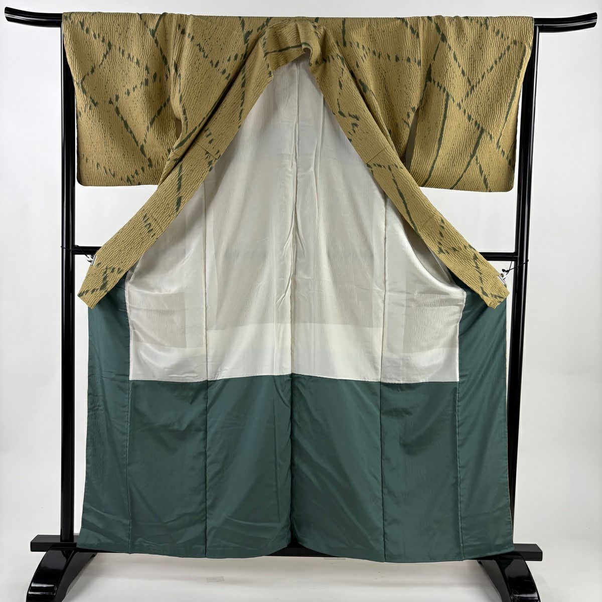 【美品】 小紋 身長161cm 袖長66cm M 雙層 袋帶套裝 幾何學 絞染 黃土 純蠶絲 秀品級