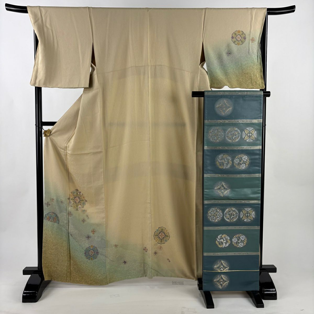 【美品】 付下 身長165cm 袖長67.5cm L 雙層 袋帶套裝 華紋 蜀江華紋 刺繡 金線 米色 純蠶絲 優品級