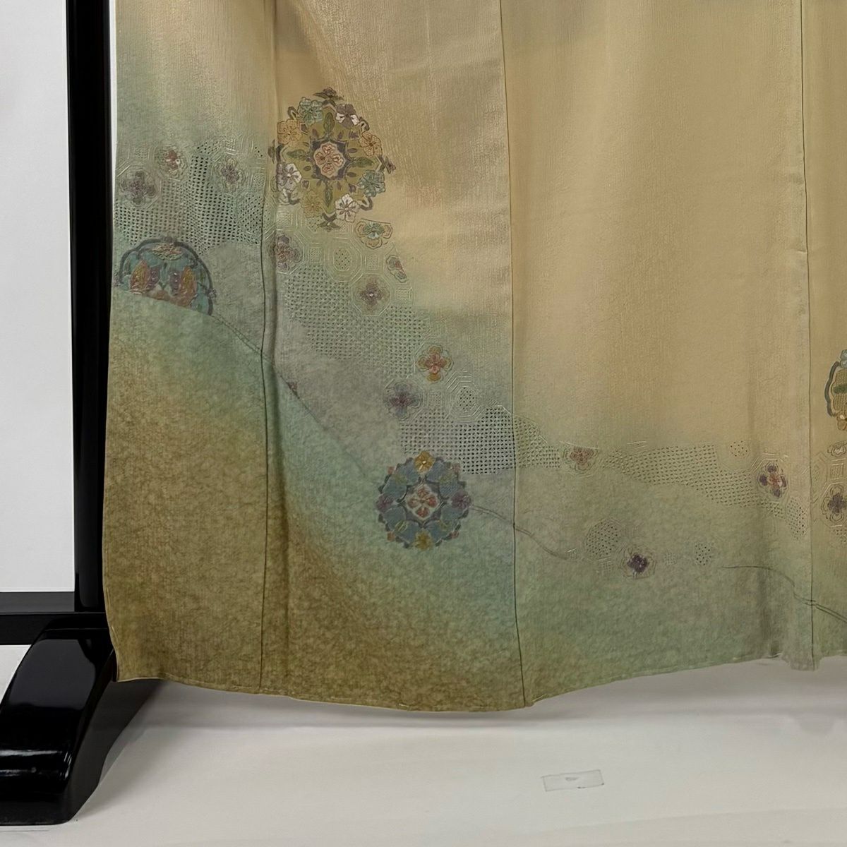 【美品】 付下 身長165cm 袖長67.5cm L 雙層 袋帶套裝 華紋 蜀江華紋 刺繡 金線 米色 純蠶絲 優品級