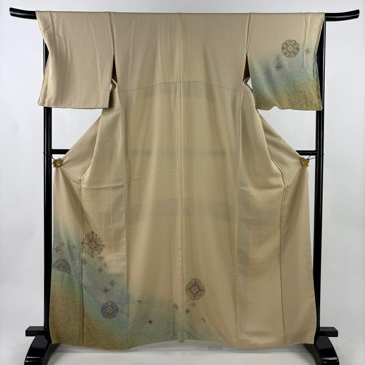【美品】 付下 身長165cm 袖長67.5cm L 雙層 袋帶套裝 華紋 蜀江華紋 刺繡 金線 米色 純蠶絲 優品級