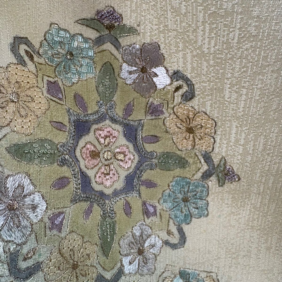 【美品】 付下 身長165cm 袖長67.5cm L 雙層 袋帶套裝 華紋 蜀江華紋 刺繡 金線 米色 純蠶絲 優品級