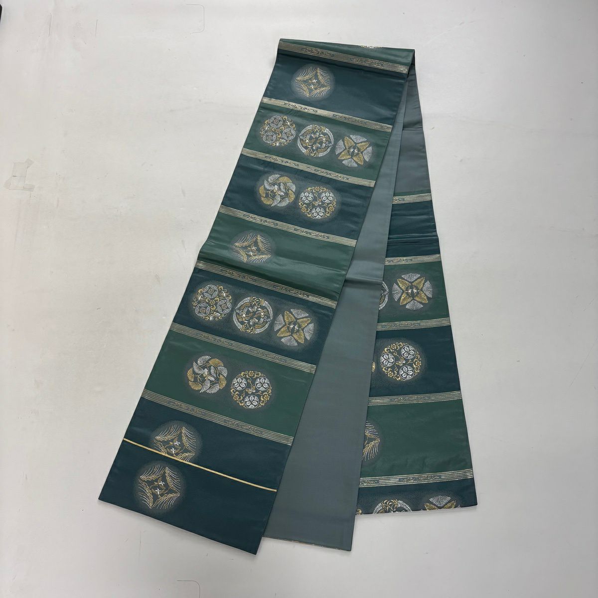 【美品】 付下 身長165cm 袖長67.5cm L 雙層 袋帶套裝 華紋 蜀江華紋 刺繡 金線 米色 純蠶絲 優品級