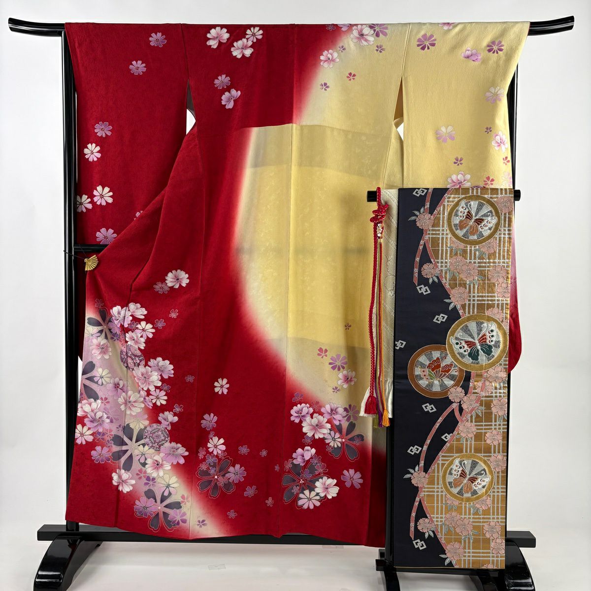 【美品】振袖禮服 身長158cm 袖長67cm M 雙層 袋帶全套 草花紋紋 手鞠 金銀彩 漸層 紅 純蠶絲 優品級