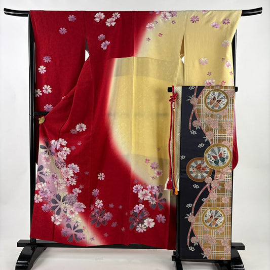 【美品】振袖禮服 身長158cm 袖長67cm M 雙層 袋帶全套 草花紋紋 手鞠 金銀彩 漸層 紅 純蠶絲 優品級