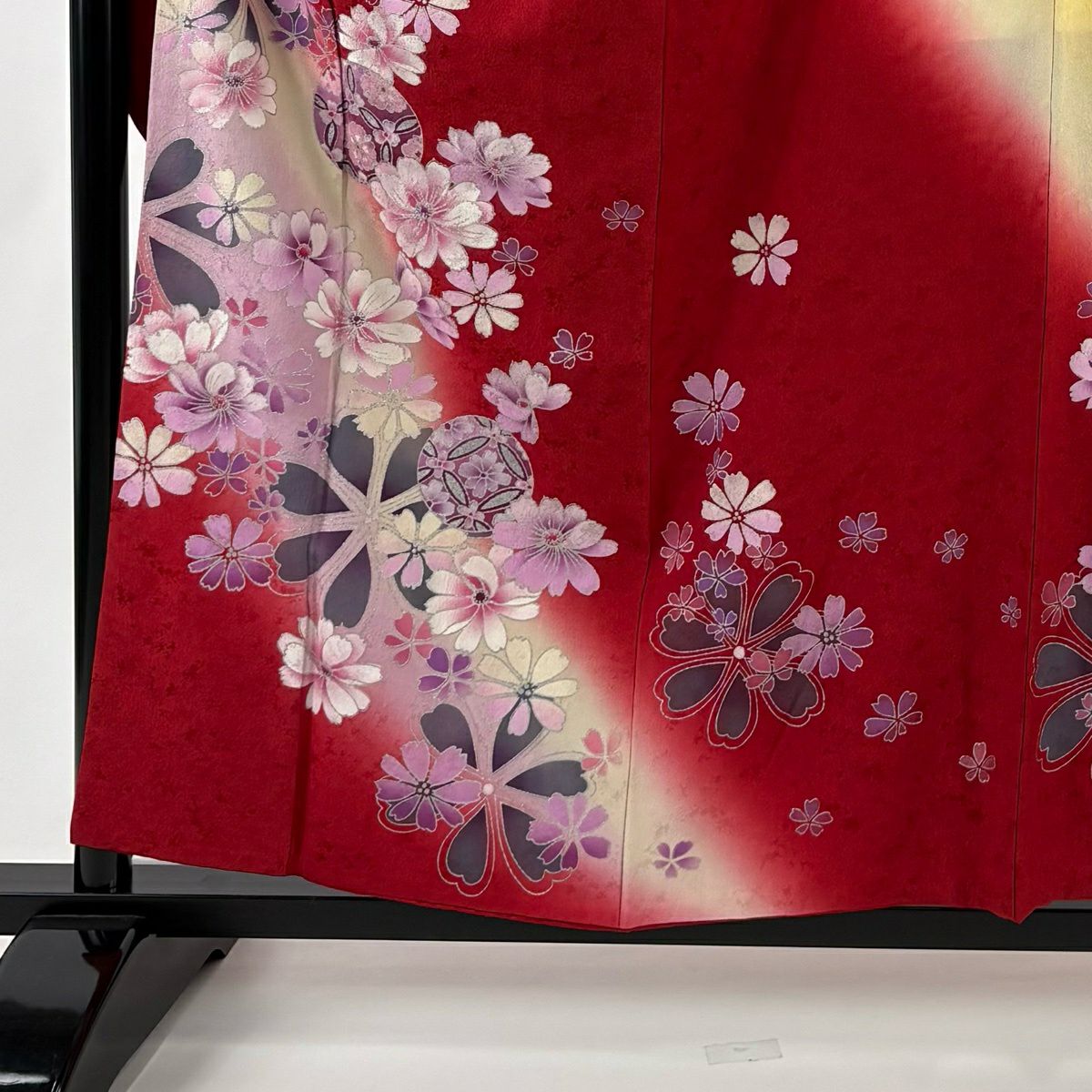 【美品】振袖禮服 身長158cm 袖長67cm M 雙層 袋帶全套 草花紋紋 手鞠 金銀彩 漸層 紅 純蠶絲 優品級