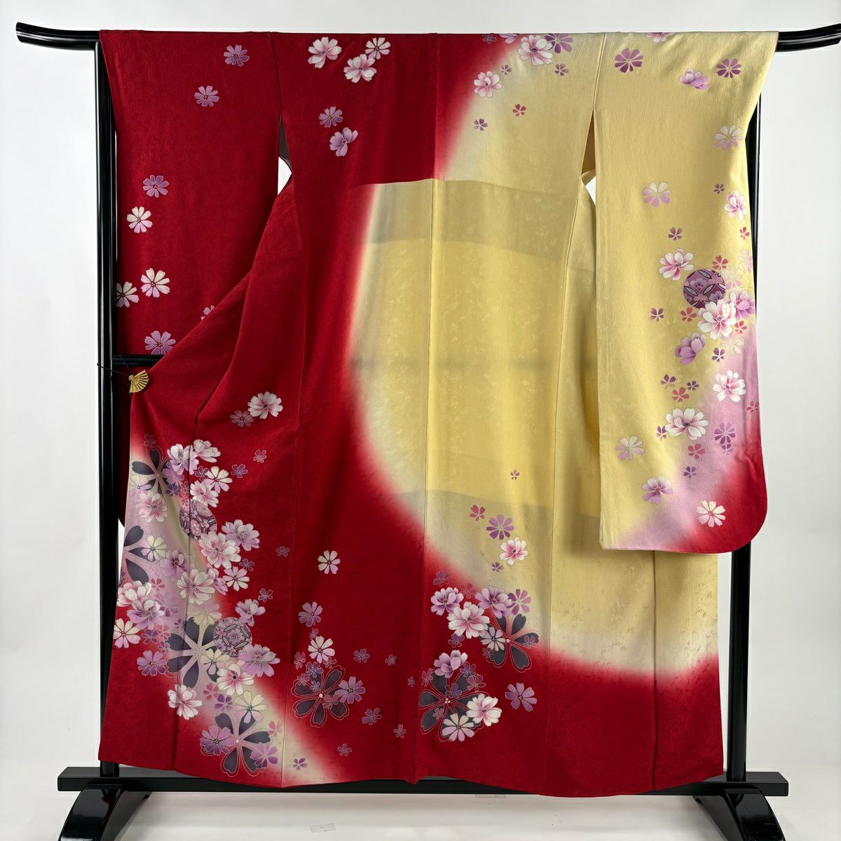 【美品】振袖禮服 身長158cm 袖長67cm M 雙層 袋帶全套 草花紋紋 手鞠 金銀彩 漸層 紅 純蠶絲 優品級
