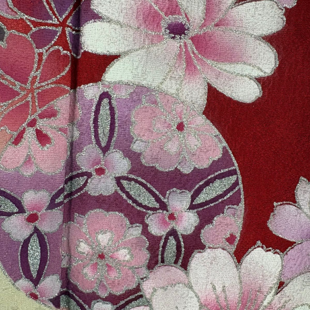 【美品】振袖禮服 身長158cm 袖長67cm M 雙層 袋帶全套 草花紋紋 手鞠 金銀彩 漸層 紅 純蠶絲 優品級