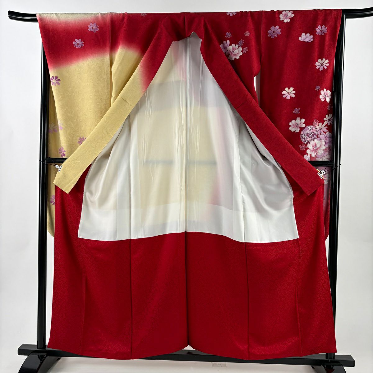 【美品】振袖禮服 身長158cm 袖長67cm M 雙層 袋帶全套 草花紋紋 手鞠 金銀彩 漸層 紅 純蠶絲 優品級