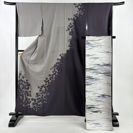 【美品】訪問服 身長161cm 袖長66cm M 雙層 袋帶套裝 蔦 金銀彩 灰色 純蠶絲 名品級