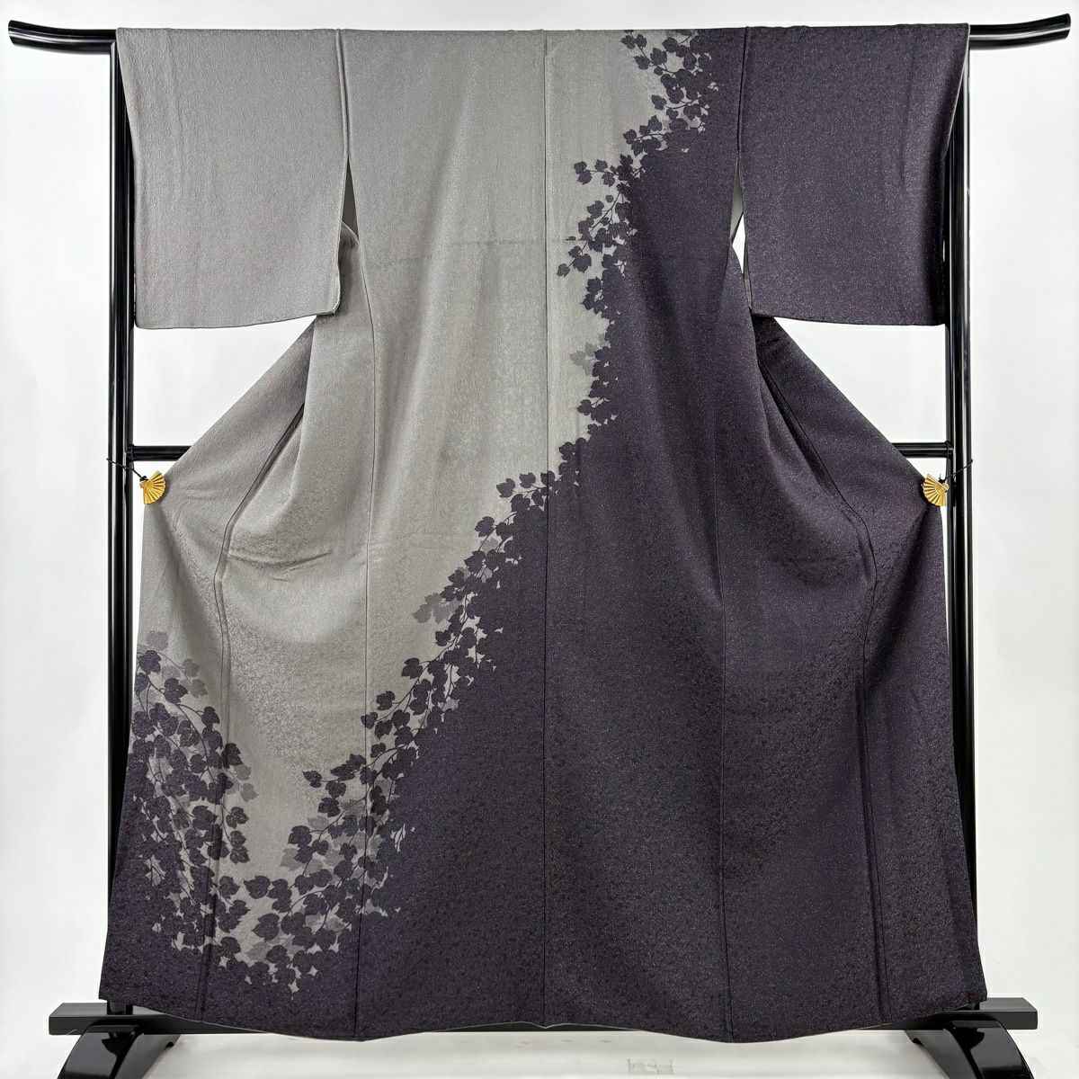 【美品】訪問服 身長161cm 袖長66cm M 雙層 袋帶套裝 蔦 金銀彩 灰色 純蠶絲 名品級