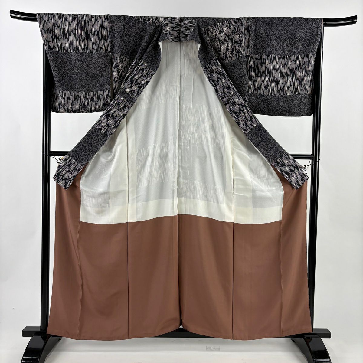 【美品】 小紋 身長160cm 袖長68cm L 雙層 袋帶套裝 ますいわ屋 變化市松樹 菊花花 黑灰 純蠶絲 優品級