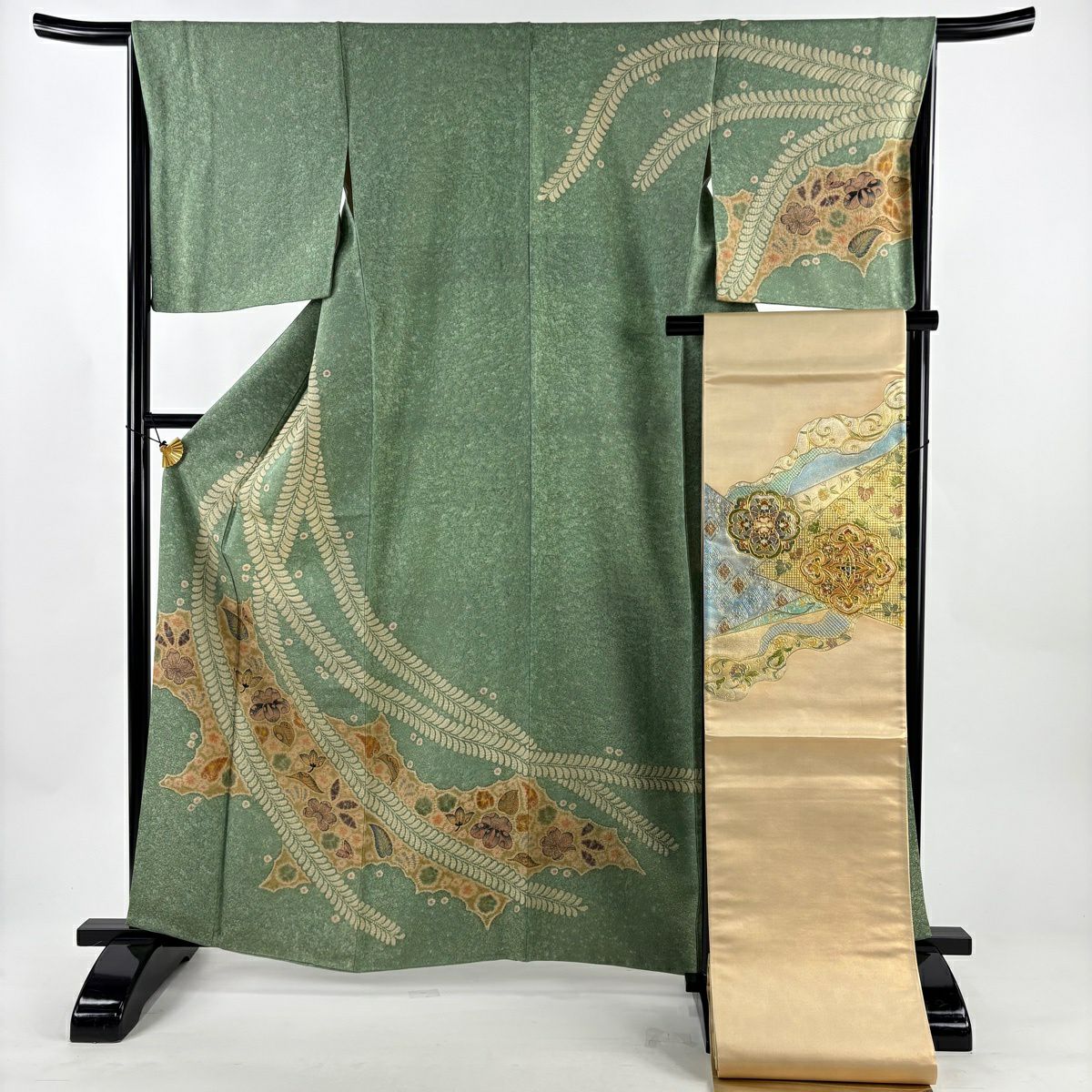 訪問服 身長162.5cm 袖長66cm M 雙層 水野保 袋帶套裝 落款あり 辻花染 金通 灰綠 純蠶絲 名品級