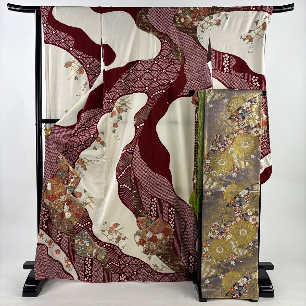 振袖禮服 身長170cm 袖長67.5cm L 雙層 袋帶全套 誰袖 菊花花 金絲 絞染 深紅 純蠶絲 優品級