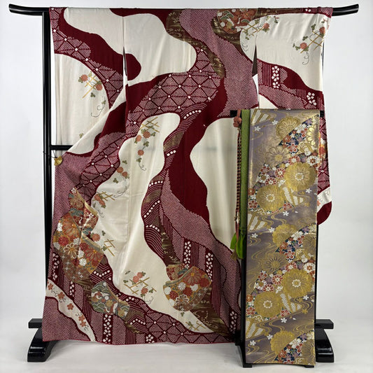 振袖禮服 身長170cm 袖長67.5cm L 雙層 袋帶全套 誰袖 菊花花 金絲 絞染 深紅 純蠶絲 優品級