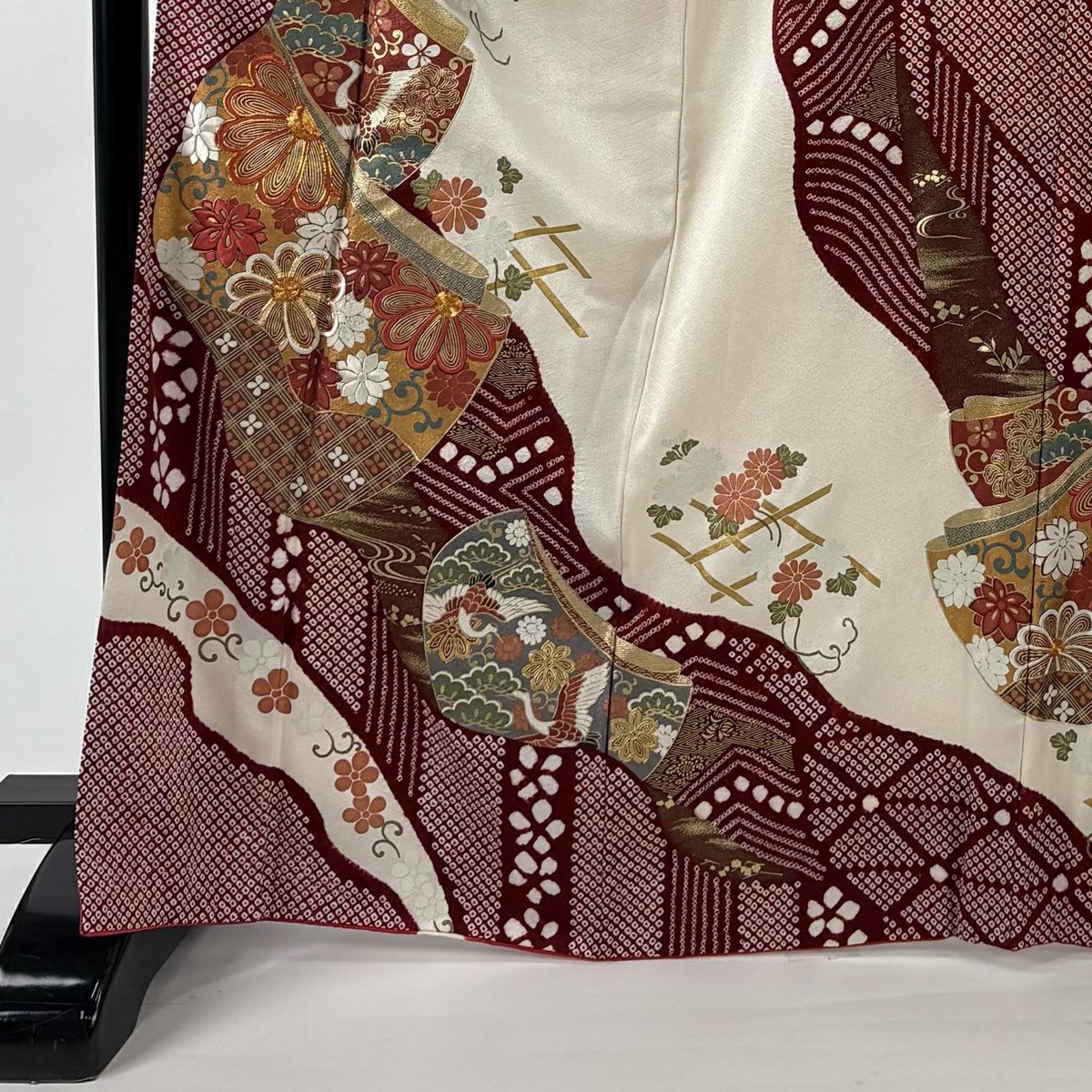 振袖禮服 身長170cm 袖長67.5cm L 雙層 袋帶全套 誰袖 菊花花 金絲 絞染 深紅 純蠶絲 優品級