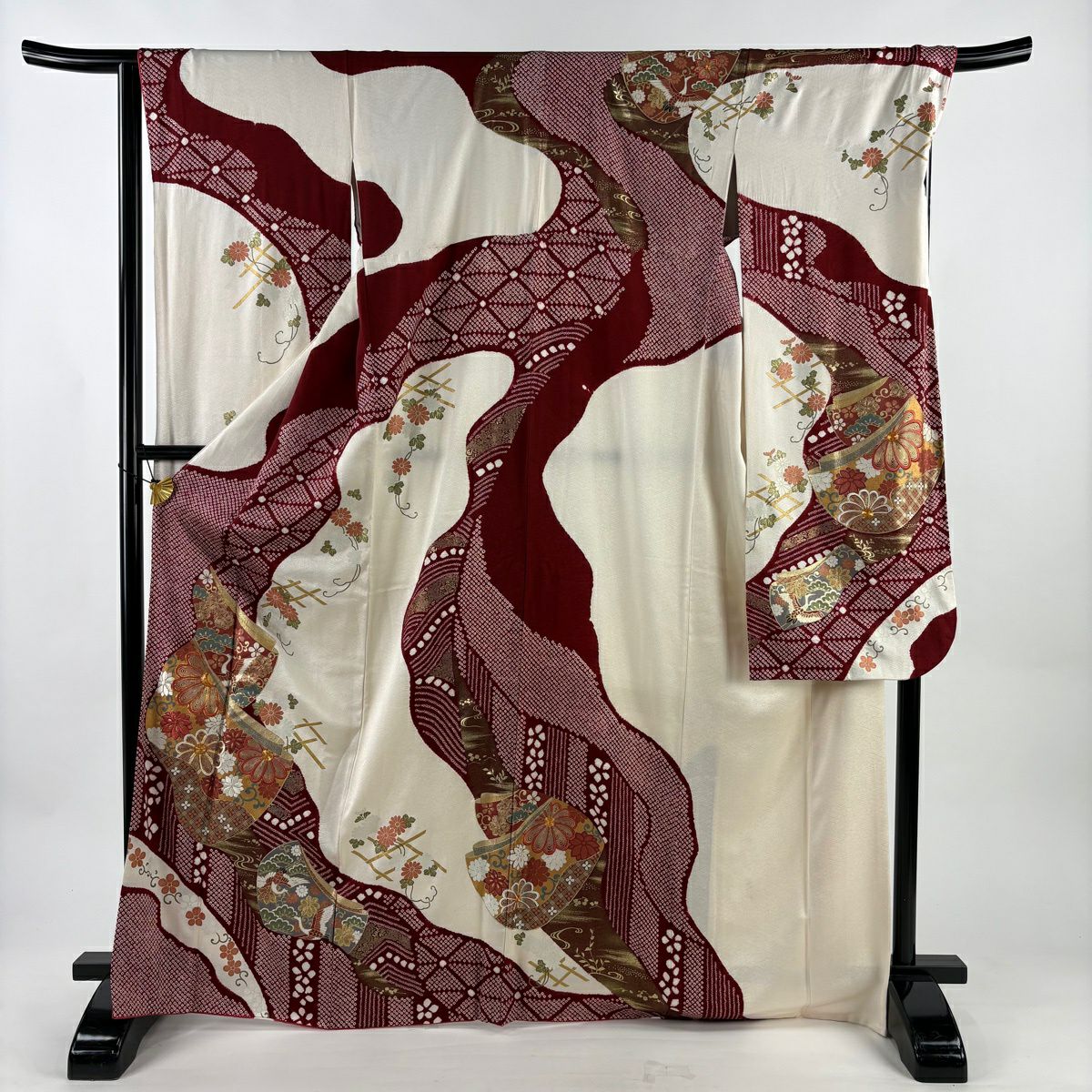 振袖禮服 身長170cm 袖長67.5cm L 雙層 袋帶全套 誰袖 菊花花 金絲 絞染 深紅 純蠶絲 優品級