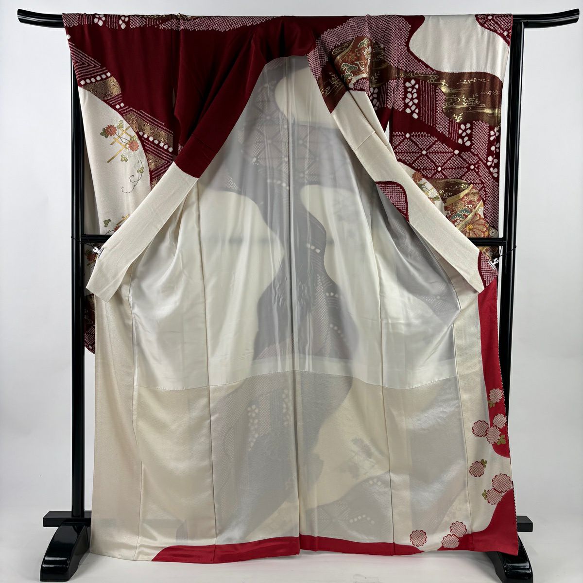 振袖禮服 身長170cm 袖長67.5cm L 雙層 袋帶全套 誰袖 菊花花 金絲 絞染 深紅 純蠶絲 優品級