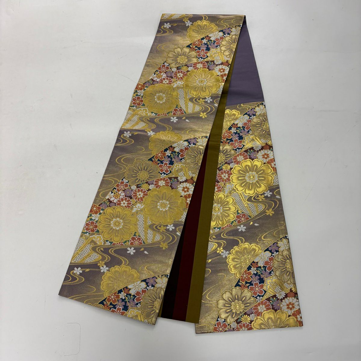 振袖禮服 身長170cm 袖長67.5cm L 雙層 袋帶全套 誰袖 菊花花 金絲 絞染 深紅 純蠶絲 優品級