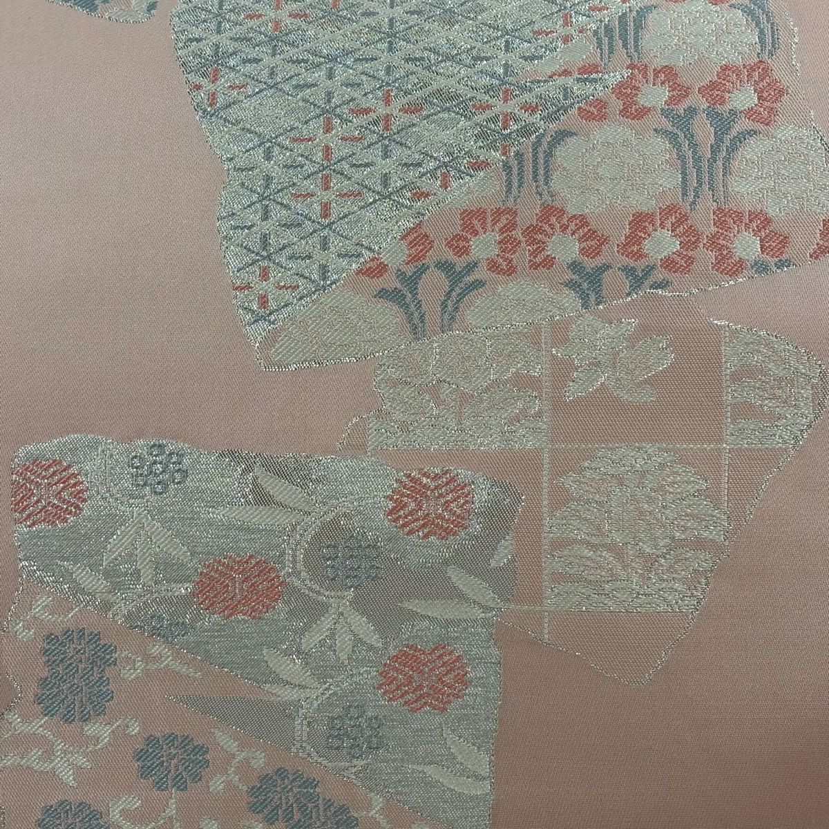 名古屋帶 優品級 破裂色紙 草花紋紋 金金箔 淺粉色 純蠶絲
