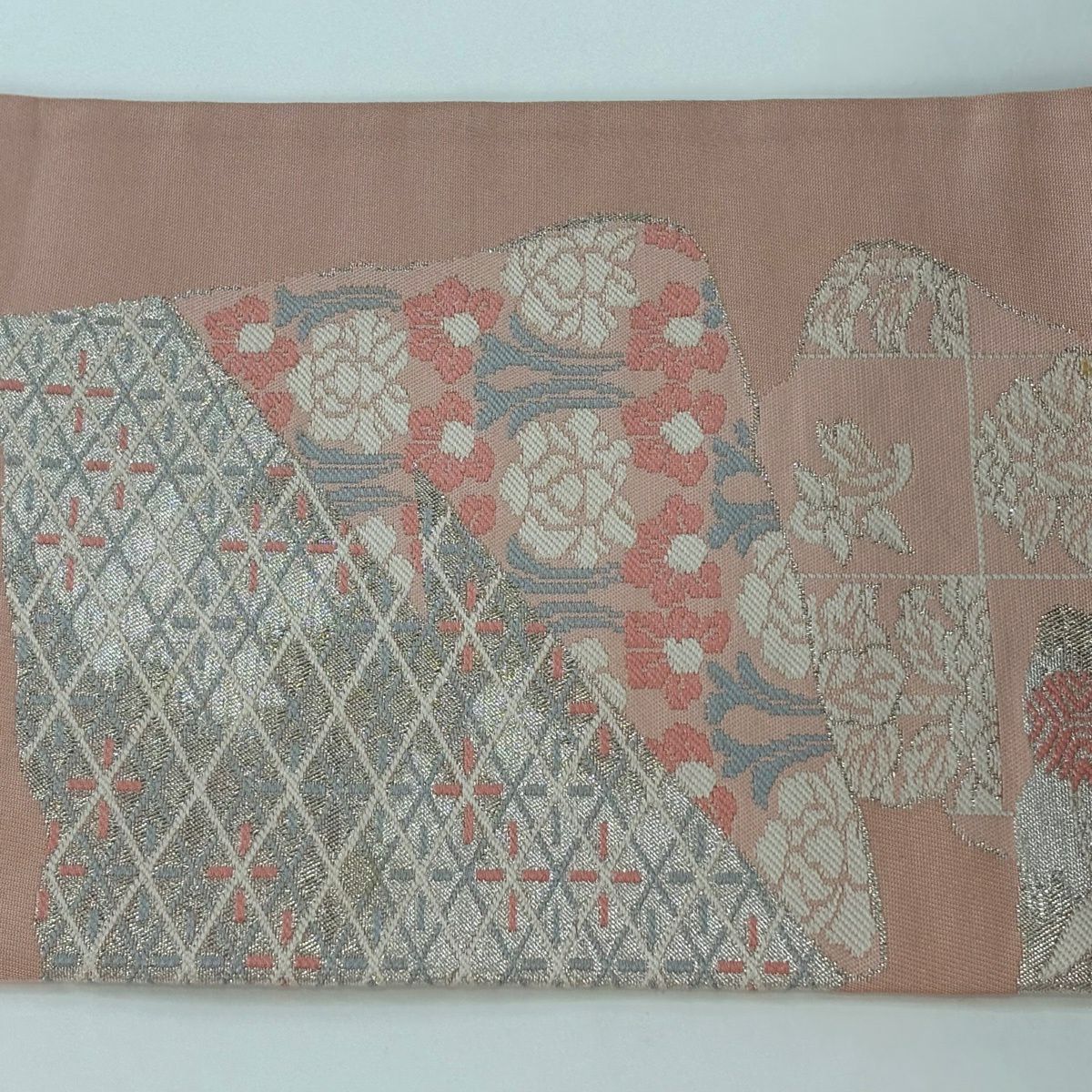 名古屋帶 優品級 破裂色紙 草花紋紋 金金箔 淺粉色 純蠶絲