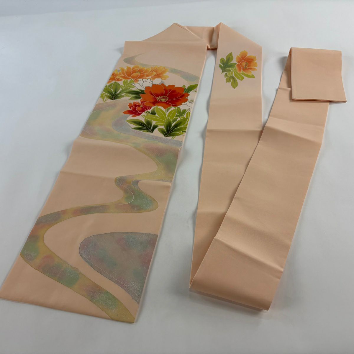 名古屋帶 優品級 草花紋紋 流水 金銀彩 漸層 淺橙色 純蠶絲