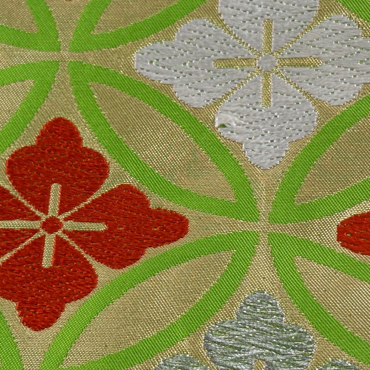 【美品】 袋帶 優品級 七寶紋 花菱 金銀彩 唐織 黃綠 全通 純蠶絲