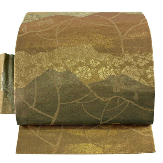 【美品】 名古屋帶 優品級 風景 草花紋 金絲 金金箔 金 純蠶絲