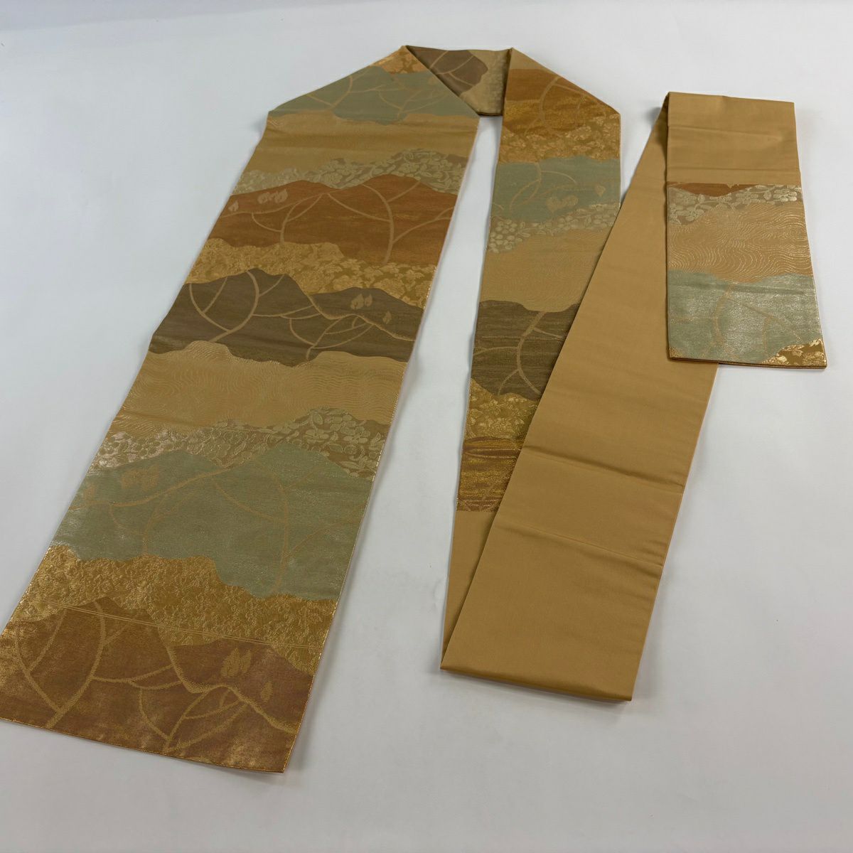 【美品】 名古屋帶 優品級 風景 草花紋 金絲 金金箔 金 純蠶絲