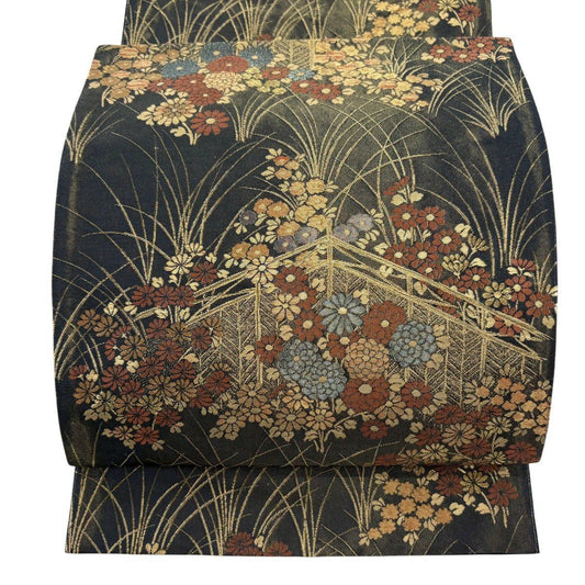 【美品】 袋帶 名古屋帶 優品級 草花紋紋 衝立 金絲 金金箔 深藍 純蠶絲