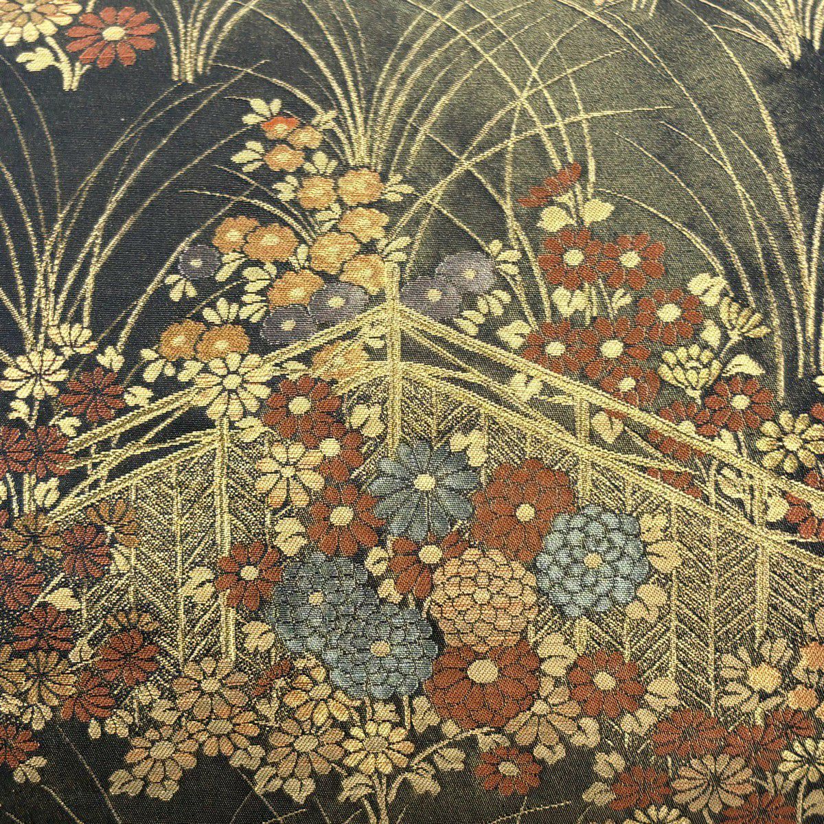 【美品】 袋帶 名古屋帶 優品級 草花紋紋 衝立 金絲 金金箔 深藍 純蠶絲