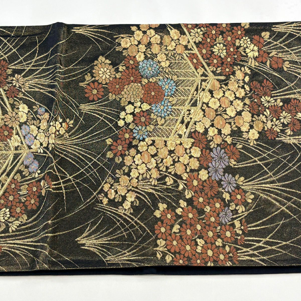 【美品】 袋帶 名古屋帶 優品級 草花紋紋 衝立 金絲 金金箔 深藍 純蠶絲