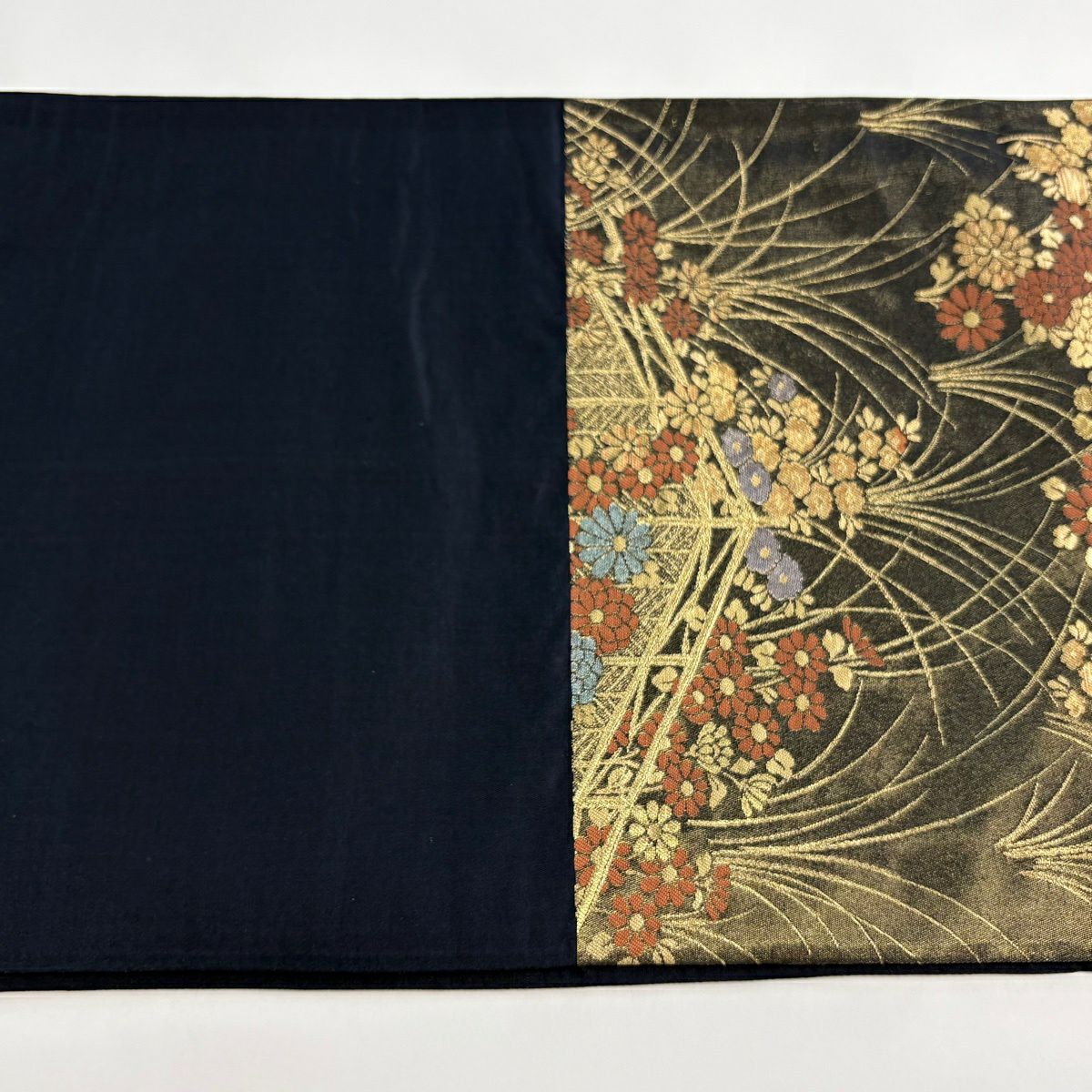 【美品】 袋帶 名古屋帶 優品級 草花紋紋 衝立 金絲 金金箔 深藍 純蠶絲