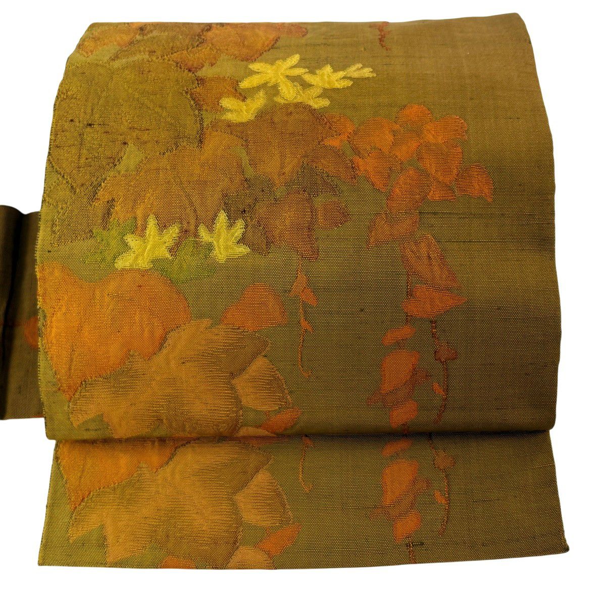 【美品】名古屋帶 優品級 葉柄 山吹茶 純蠶絲