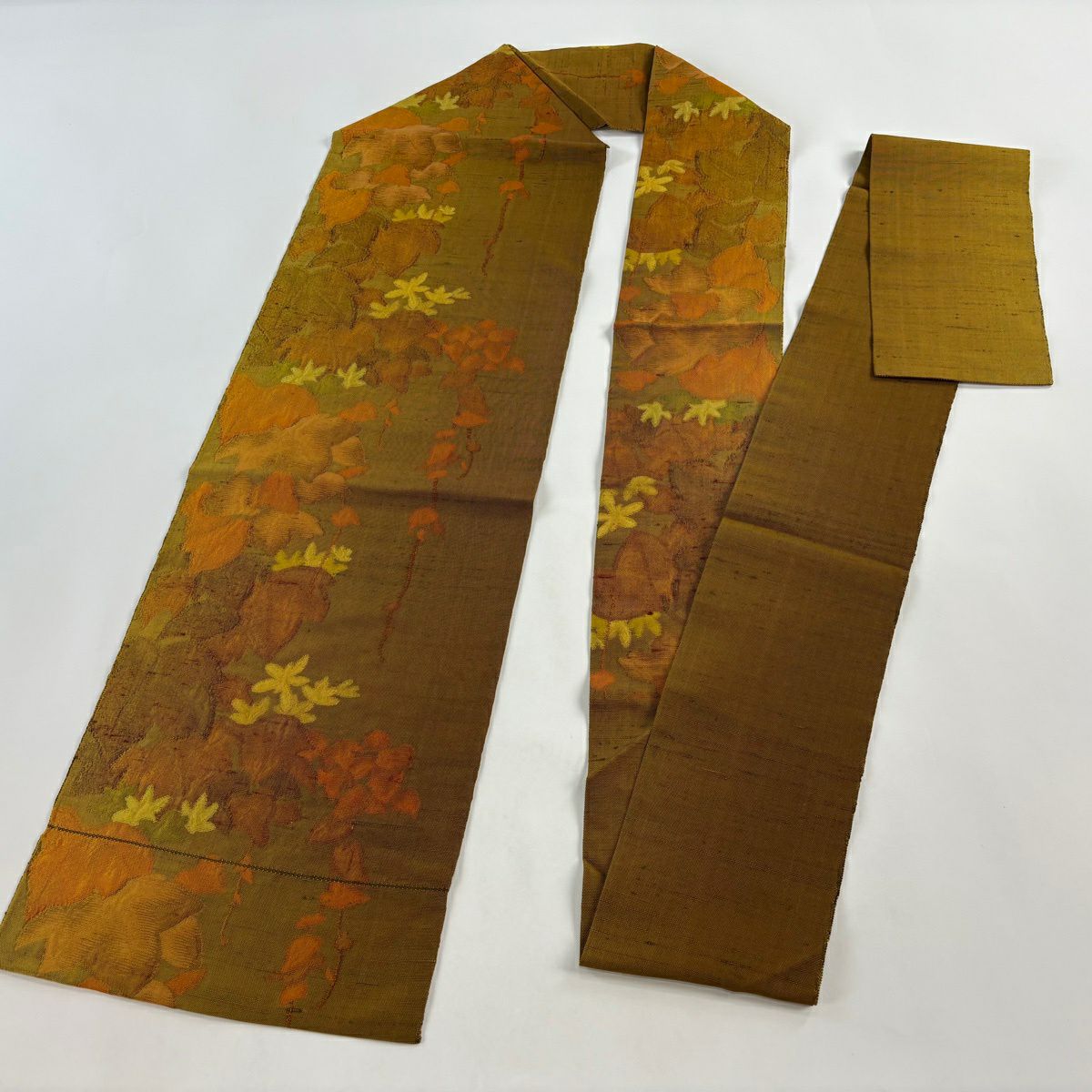 【美品】名古屋帶 優品級 葉柄 山吹茶 純蠶絲