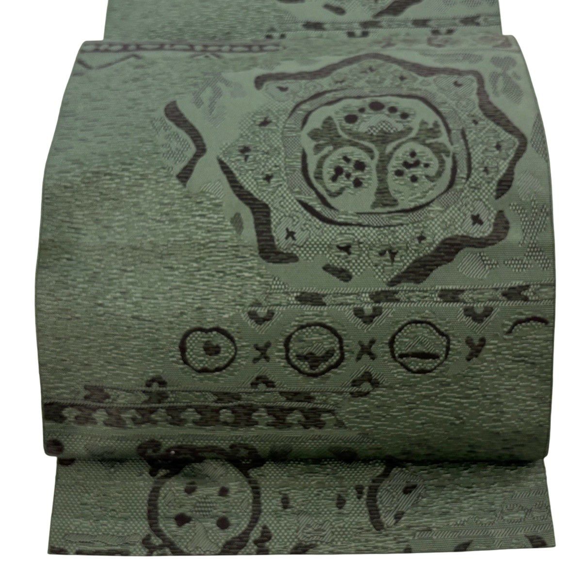 【美品】 名古屋帶 優品級 八寸名古屋帶 松樹葉仕立 霞 草花紋紋 綠 純蠶絲