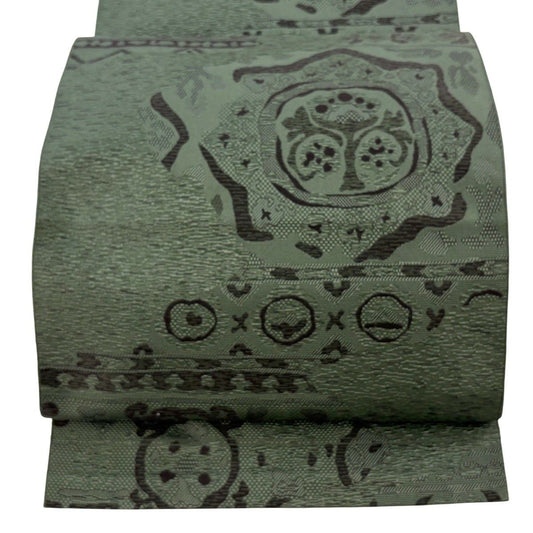 【美品】 名古屋帶 優品級 八寸名古屋帶 松樹葉仕立 霞 草花紋紋 綠 純蠶絲