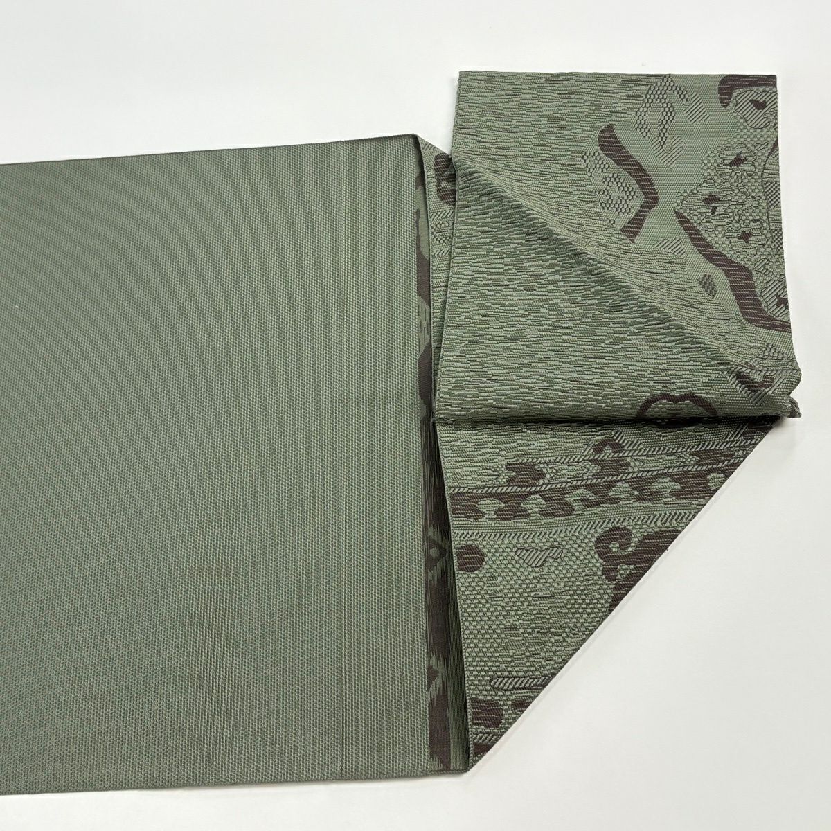 【美品】 名古屋帶 優品級 八寸名古屋帶 松樹葉仕立 霞 草花紋紋 綠 純蠶絲