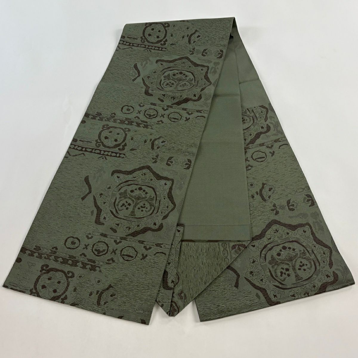 【美品】 名古屋帶 優品級 八寸名古屋帶 松樹葉仕立 霞 草花紋紋 綠 純蠶絲