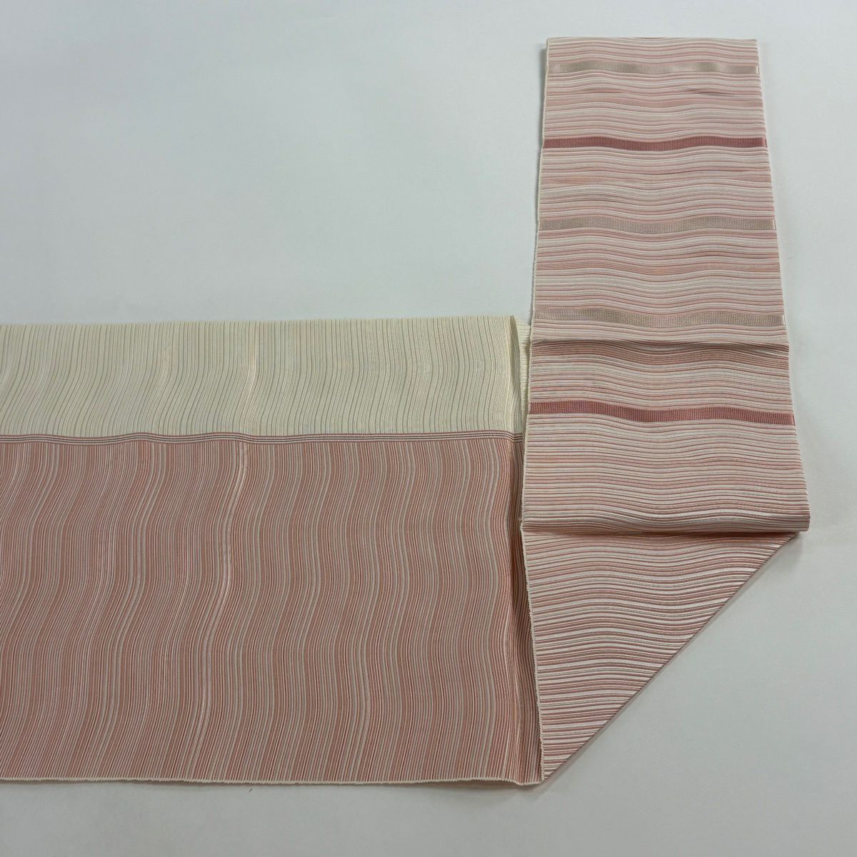 【美品】 名古屋帶 優品級 八寸名古屋帶 松樹葉仕立 雜色條紋 粉紅 純蠶絲