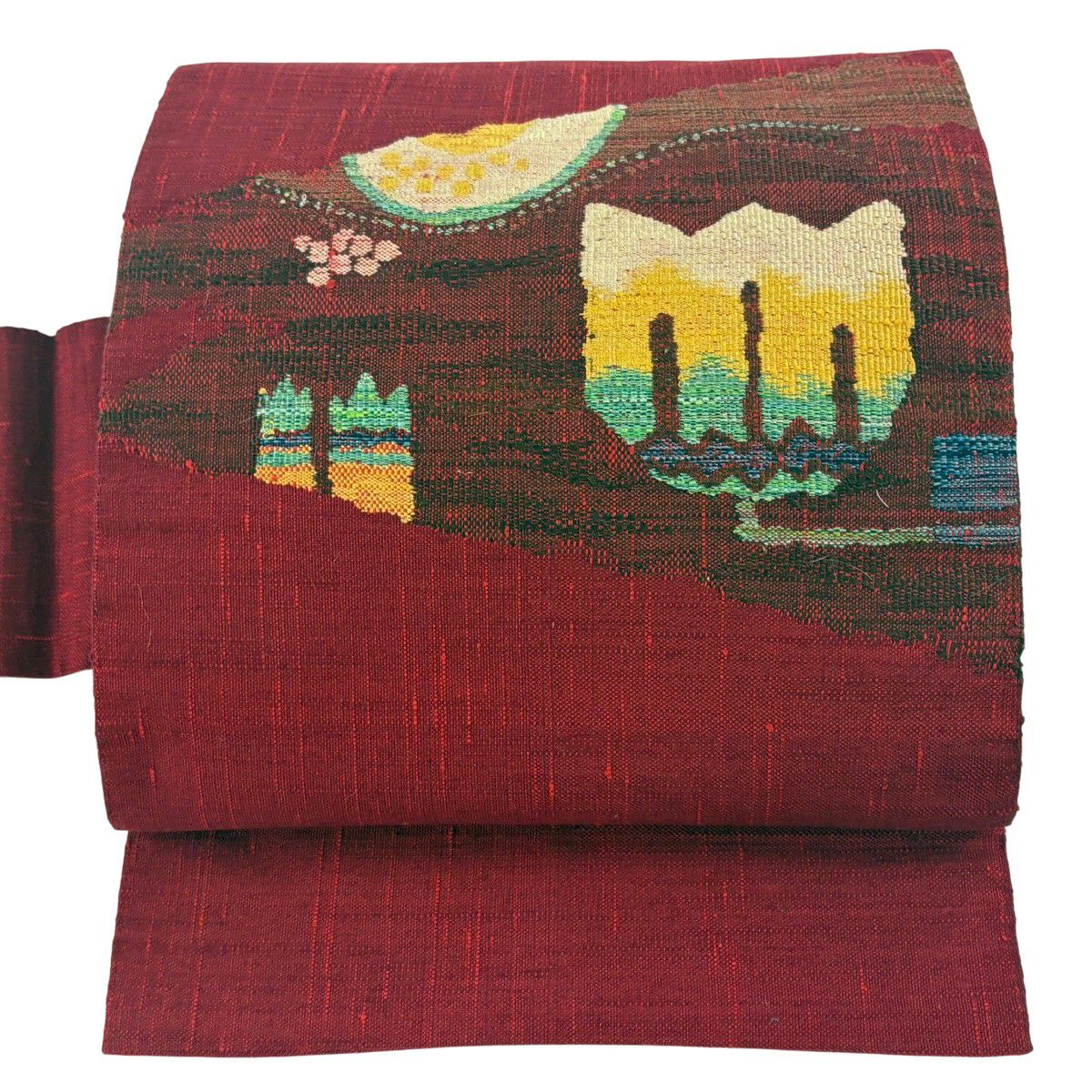 【美品】名古屋帶 優品級 幾何圖案 紬織織 紅 純蠶絲