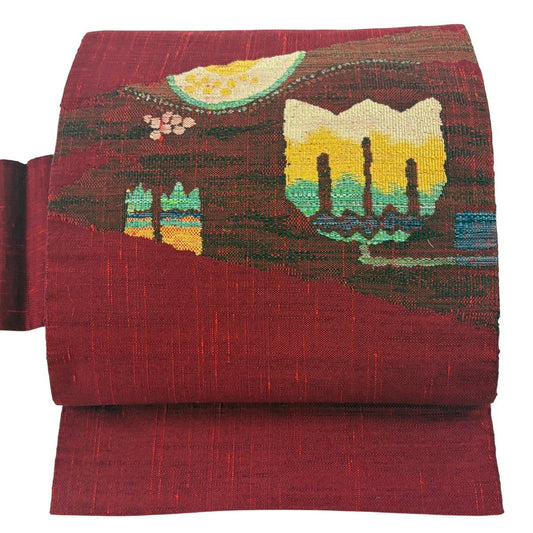 【美品】名古屋帶 優品級 幾何圖案 紬織織 紅 純蠶絲